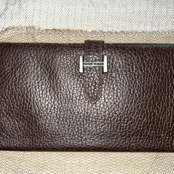 Vintage Hermes Bearn H Wallet Brown Leather H Logo Long Wallet, box dust France - Picture 2 of 12